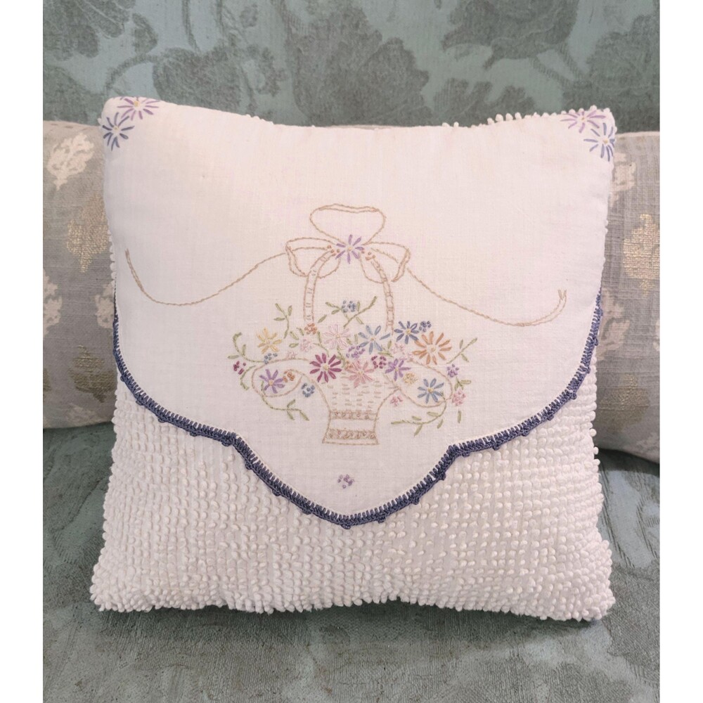 Upcycled Embroidered Flower Basket & Chenille Pillow — Handmade Shabby Chic